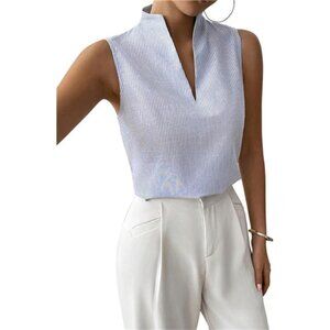Women’s Deep V-Neck Sleeveless Work Top Blue Striped Business Casual Tank Blouse